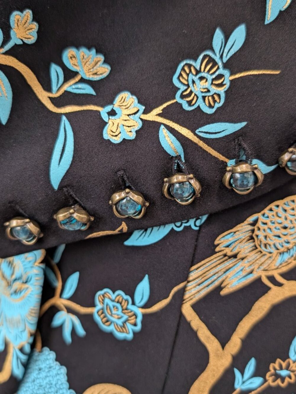 Soft Surroundings Size S Black Blue Gold Chinoiserie Bird Floral Blazer Pant Set - Picture 10 of 12